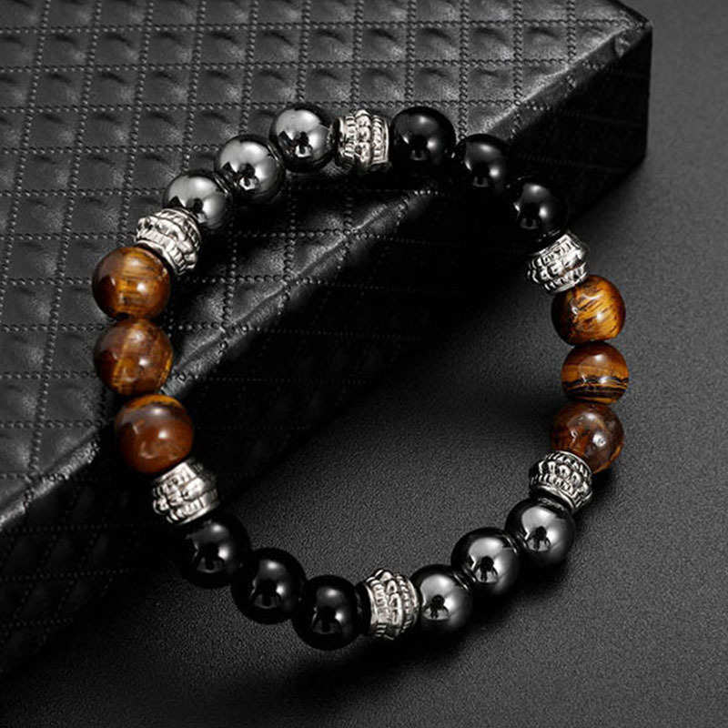 Aura Craft Natural Stone Tiger Eye Black Gall Glass Triple Stone Blessing Lucky Bracelet 4