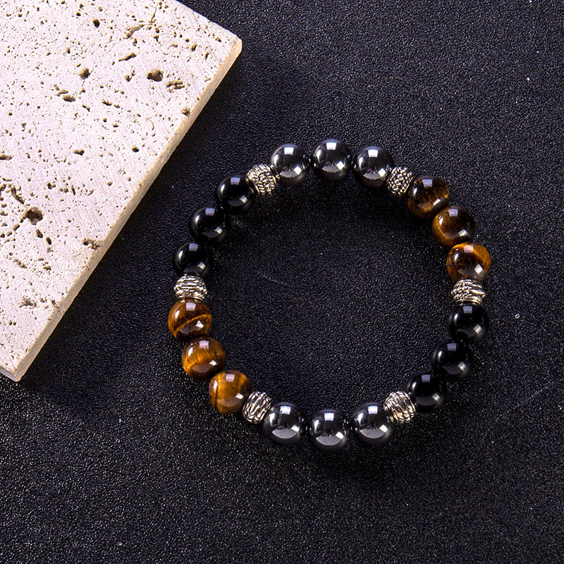 Aura Craft Natural Stone Tiger Eye Black Gall Glass Triple Stone Blessing Lucky Bracelet 5