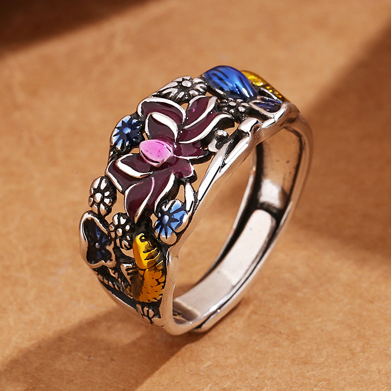 Aura Craft Feng Shui Enamel Blue Hollow Lotus and Carp Blessing Lucky Ring 2