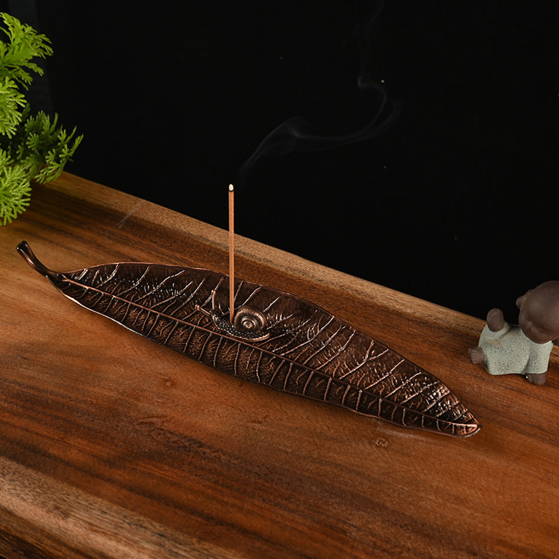 Aura Craft Red Copper Leaf Snail Zen Tranquility Feng Shui Meditation Incense Burner