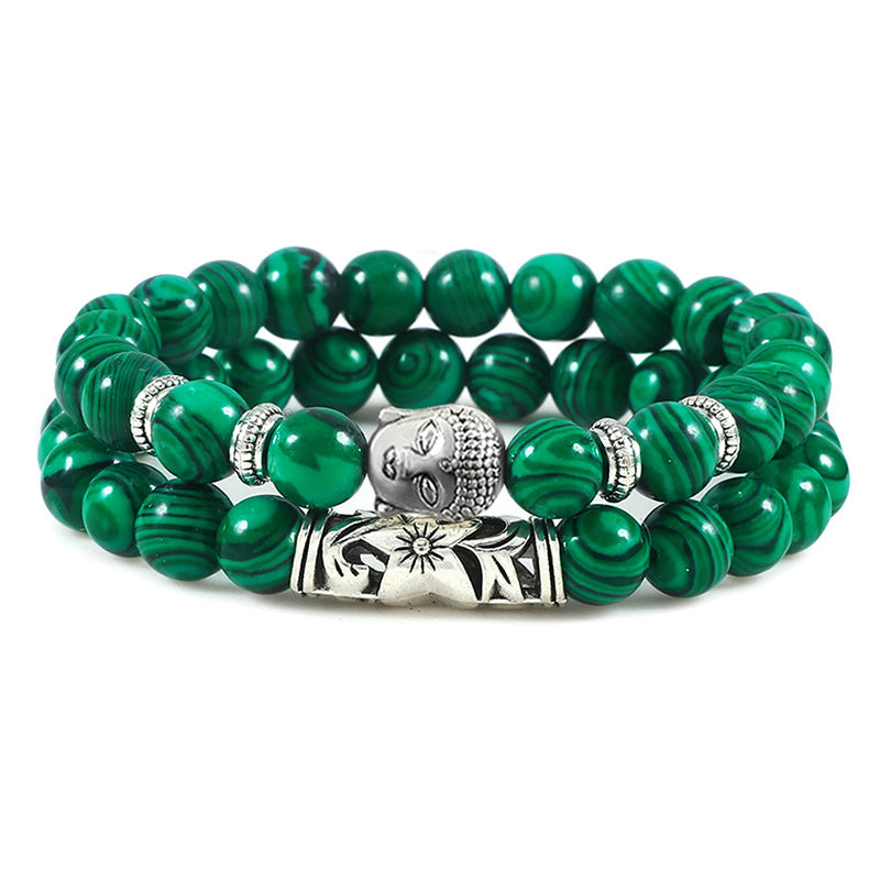 Aura Craft Malachite Natural Stone Alloy Buddha Head Blessing Good Luck Health Bracelet 6