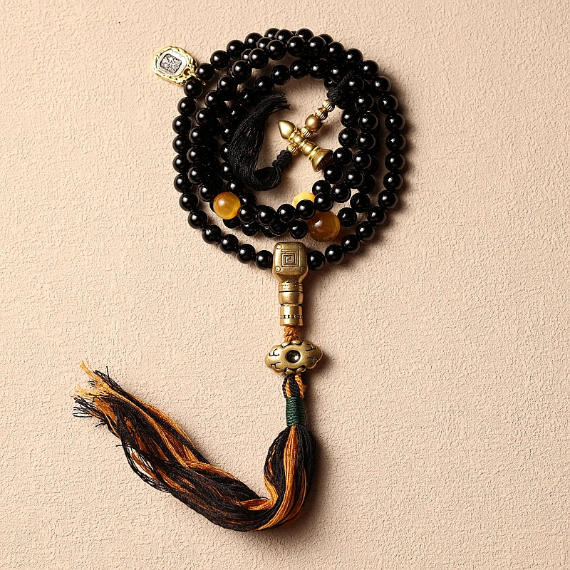 Aura Craft Tibetan Buddhist Natural Black Agate 108-Bead Rosary for Meditation, Health, and Blessing 3