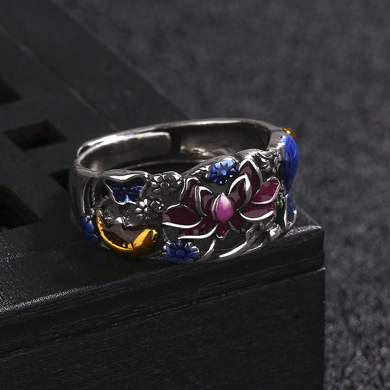 Aura Craft Feng Shui Enamel Blue Hollow Lotus and Carp Blessing Lucky Ring 4