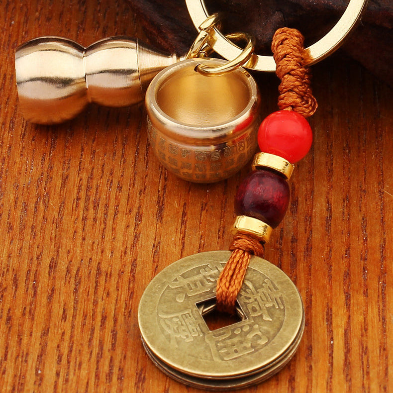 Aura Craft Brass Baifu Mini Crock Handmade Cornucopia Keychain Lucky Charm Pendant 1