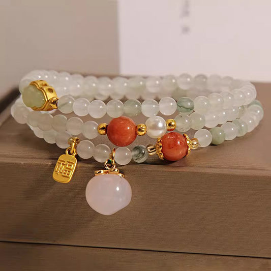 Aura Craft Natural Jade Gourd Peach Beaded Blessing Lucky Bracelet 2
