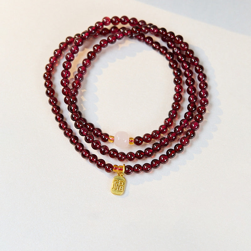 Aura Craft Natural Garnet and Hetian Jade Three-Circle Blessing Lucky Guardian Bracelet