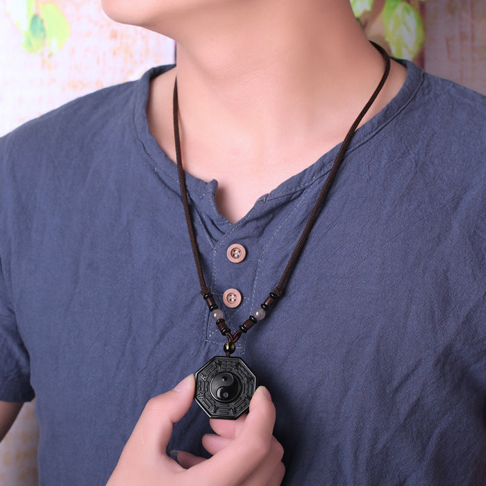 Aura Craft Natural Obsidian Tai Chi Bagua Peaceful Lucky Amulet Pendant 4