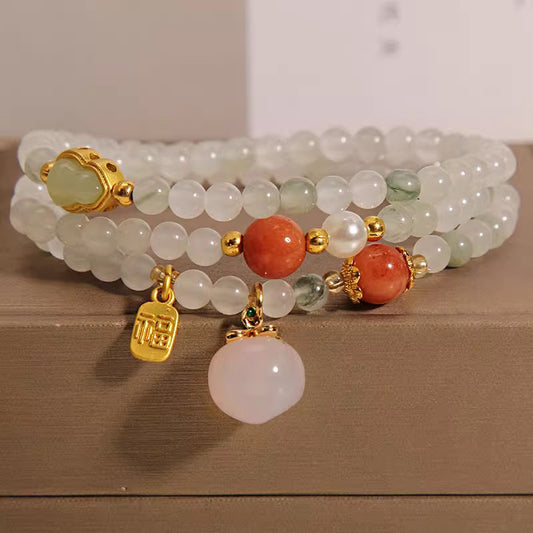 Aura Craft Natural Jade Gourd Peach Beaded Blessing Lucky Bracelet 1