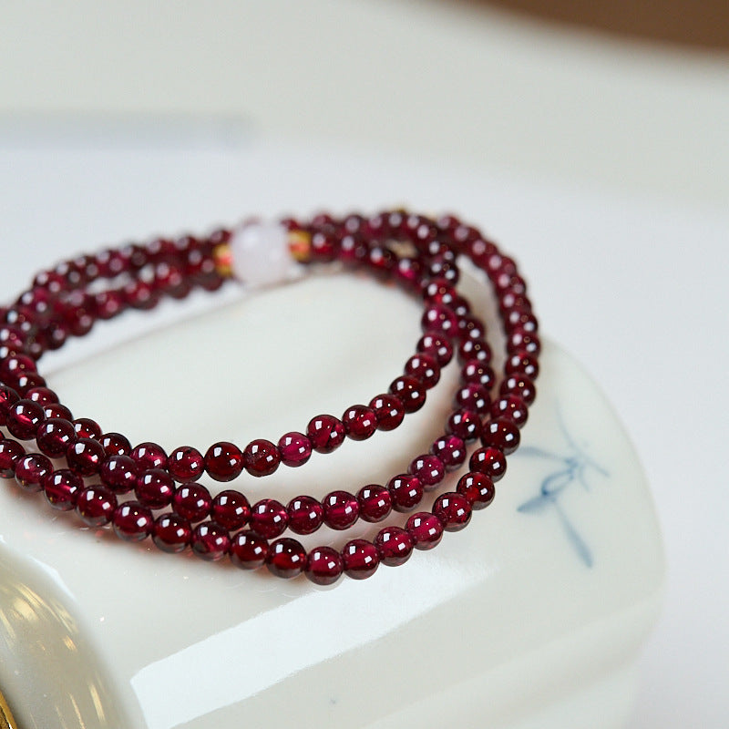 Aura Craft Natural Garnet and Hetian Jade Three-Circle Blessing Lucky Guardian Bracelet