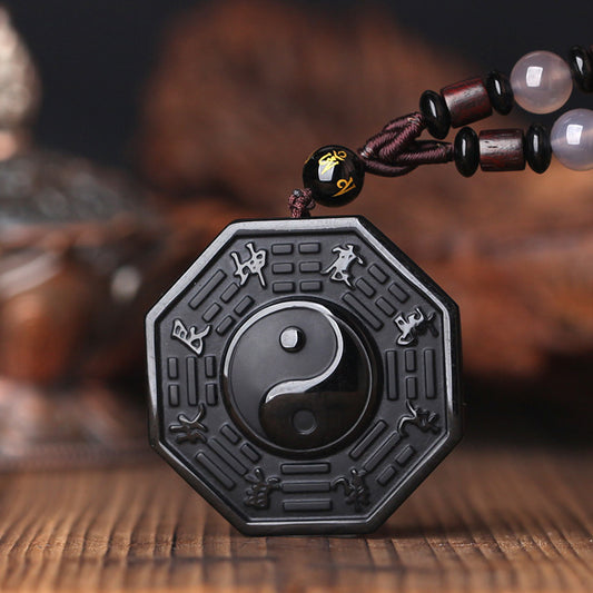 Aura Craft Natural Obsidian Tai Chi Bagua Peaceful Lucky Amulet Pendant 1