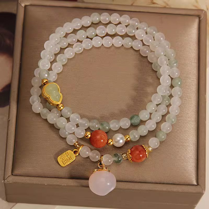 Aura Craft Natural Jade Gourd Peach Beaded Blessing Lucky Bracelet 3