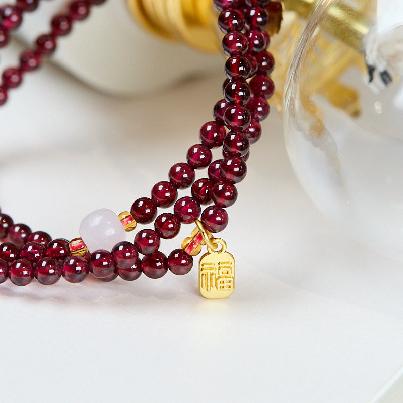 Aura Craft Natural Garnet and Hetian Jade Three-Circle Blessing Lucky Guardian Bracelet