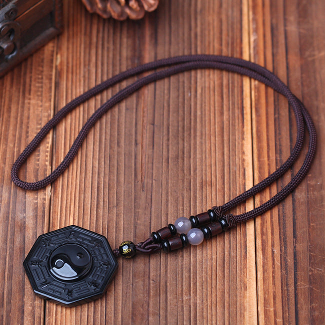 Aura Craft Natural Obsidian Tai Chi Bagua Peaceful Lucky Amulet Pendant 3