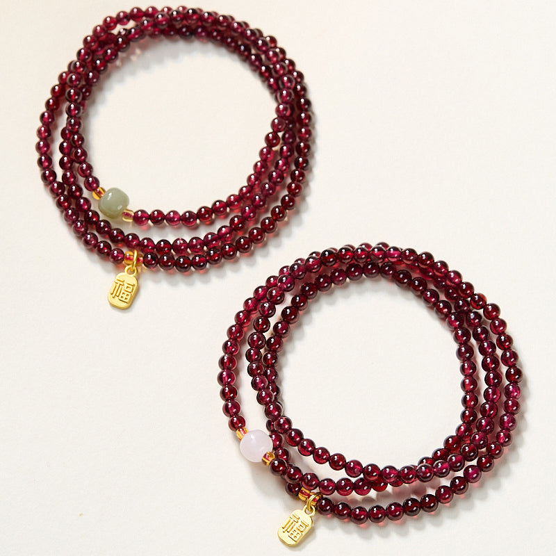 Aura Craft Natural Garnet and Hetian Jade Three-Circle Blessing Lucky Guardian Bracelet