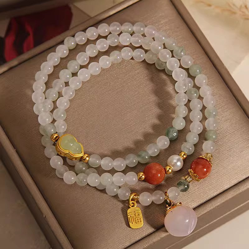 Aura Craft Natural Jade Gourd Peach Beaded Blessing Lucky Bracelet 4