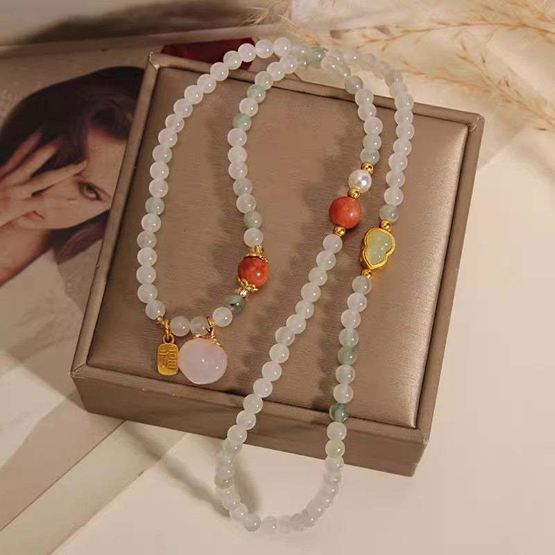 Aura Craft Natural Jade Gourd Peach Beaded Blessing Lucky Bracelet 5