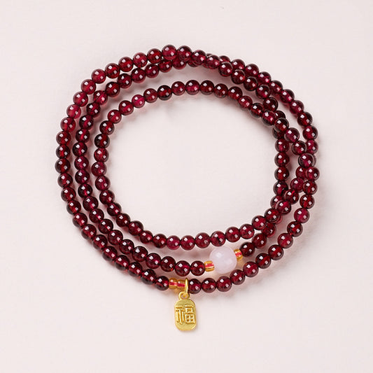 Aura Craft Natural Garnet and Hetian Jade Three-Circle Blessing Lucky Guardian Bracelet