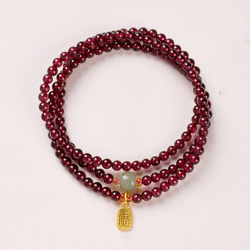 Aura Craft Natural Garnet and Hetian Jade Three-Circle Blessing Lucky Guardian Bracelet
