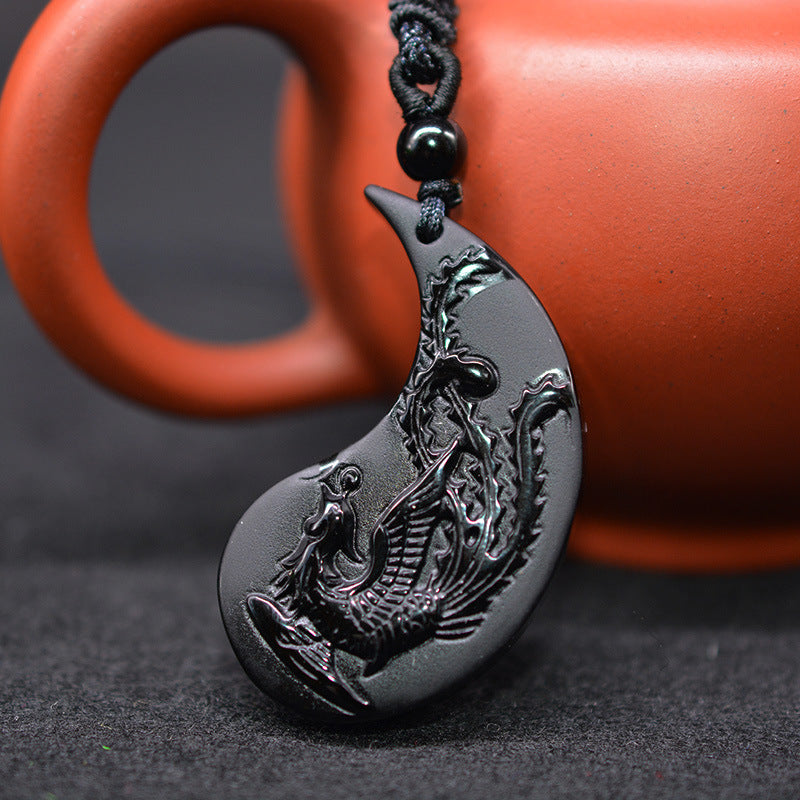 Aura Craft Natural Obsidian Yin Yang Tai Chi Dragon and Phoenix Couple Pendant 2