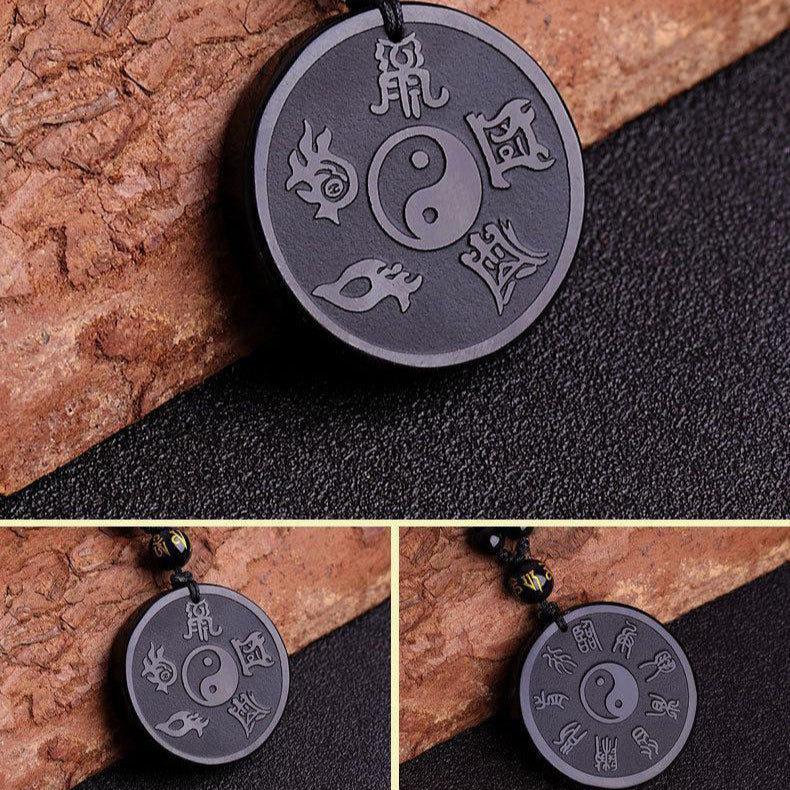 Aura Craft natural obsidian Yin Yang Bagua Wuyue Nine Words Mantra Couple Necklace 4
