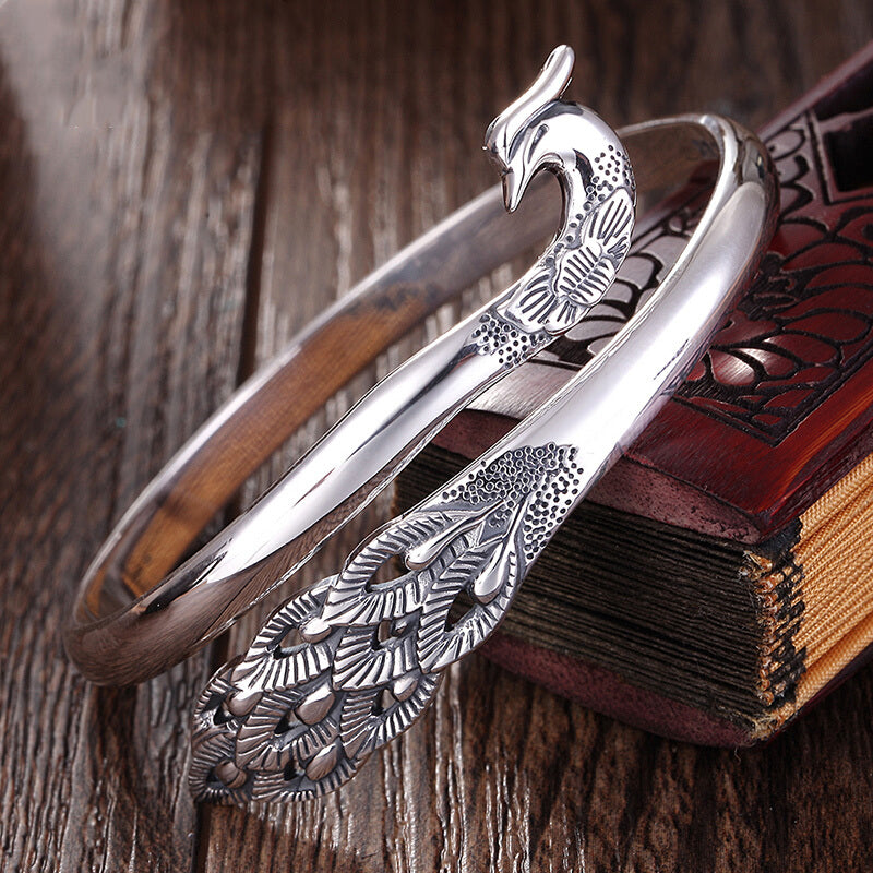 Aura Craft Sterling Silver Open-Faced Peacock Blessing Amulet Bracelet 1