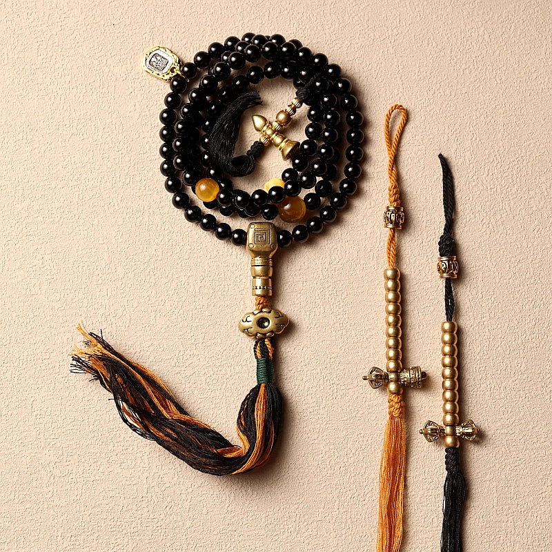 Aura Craft Tibetan Buddhist Natural Black Agate 108-Bead Rosary for Meditation, Health, and Blessing 2
