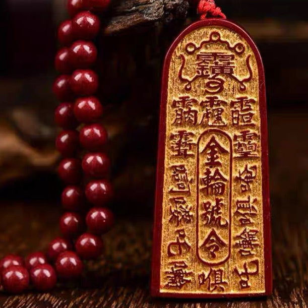 Aura Craft Natural Cinnabar Purple Gold Taoist Yin-Yang Five Thunder Command Golden Wheel Token Pendant 4