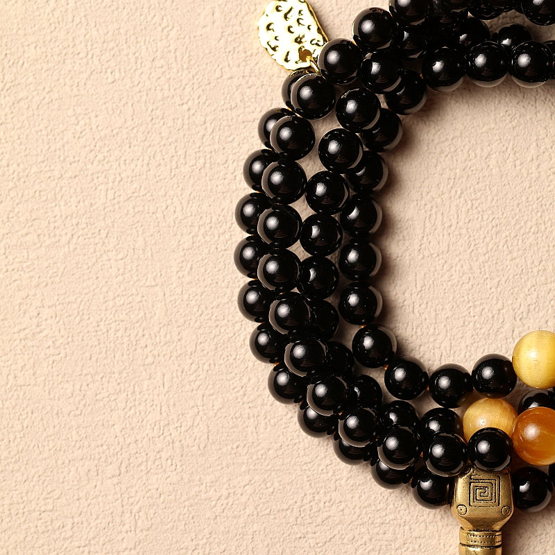 Aura Craft Tibetan Buddhist Natural Black Agate 108-Bead Rosary for Meditation, Health, and Blessing 7