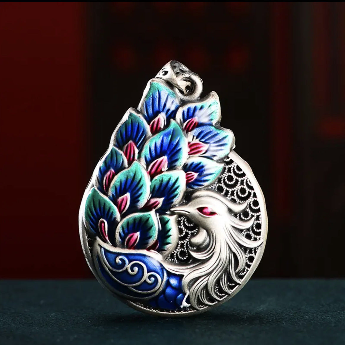 Aura Craft Blue Peacock Droplet Hollow Enamel Blessing Lucky Pendant 1