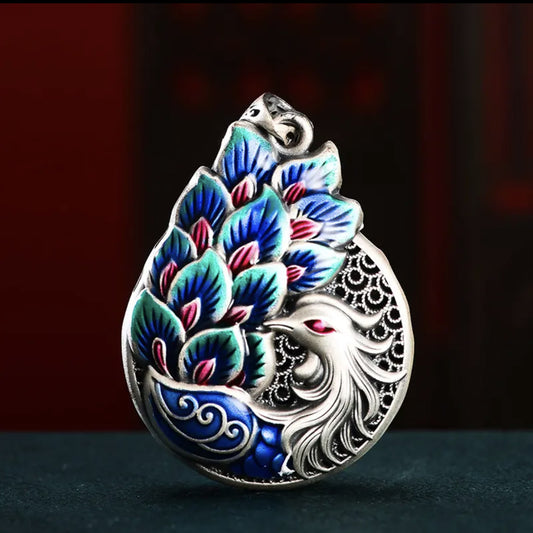 Aura Craft Blue Peacock Droplet Hollow Enamel Blessing Lucky Pendant 1