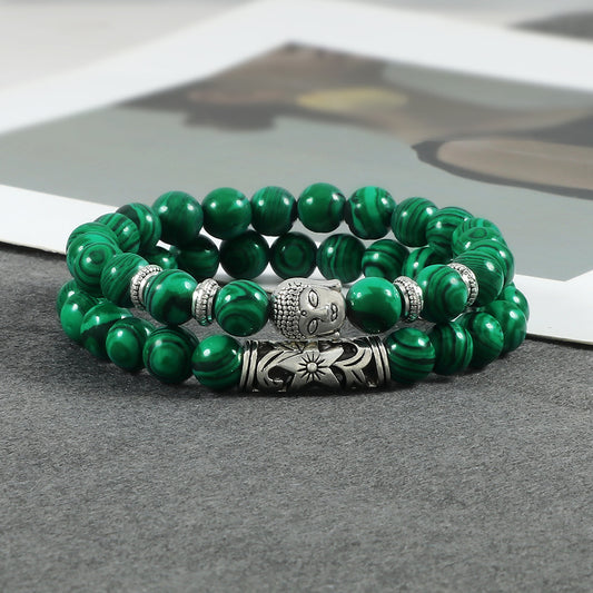Aura Craft Malachite Natural Stone Alloy Buddha Head Blessing Good Luck Health Bracelet 1