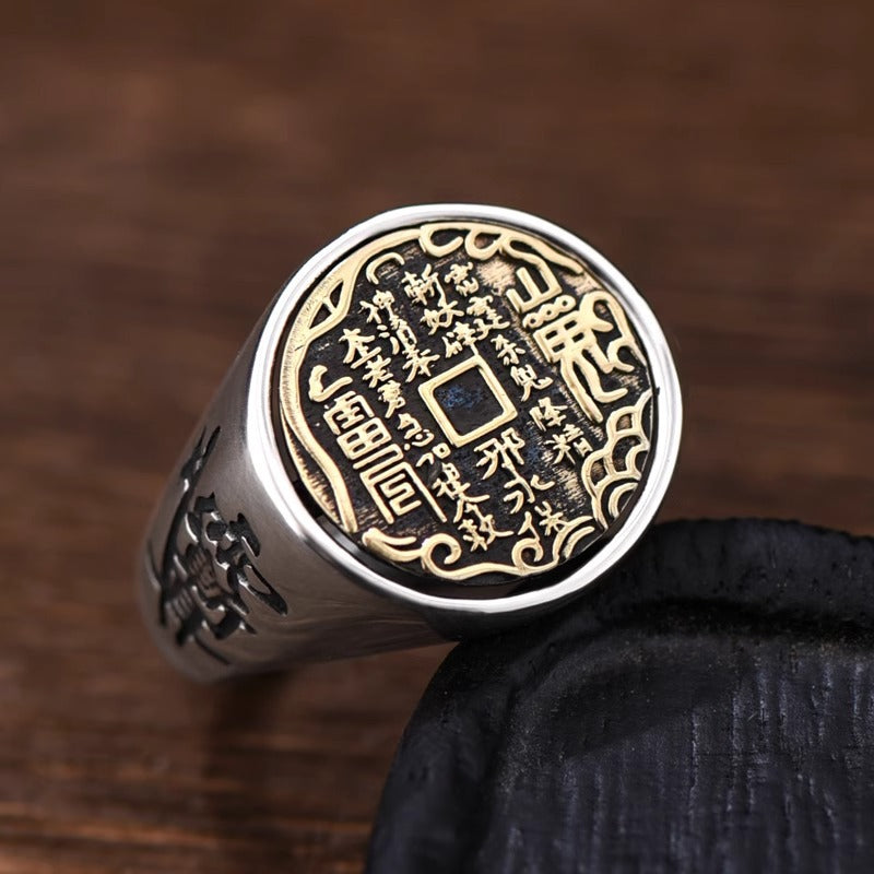 Aura craft silver rotating rune coin feng shui protection ring 3