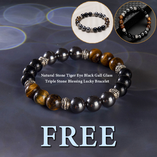 FREE Today：Natural Stone Tiger Eye Black Gall Glass Triple Stone Blessing Lucky Bracelet