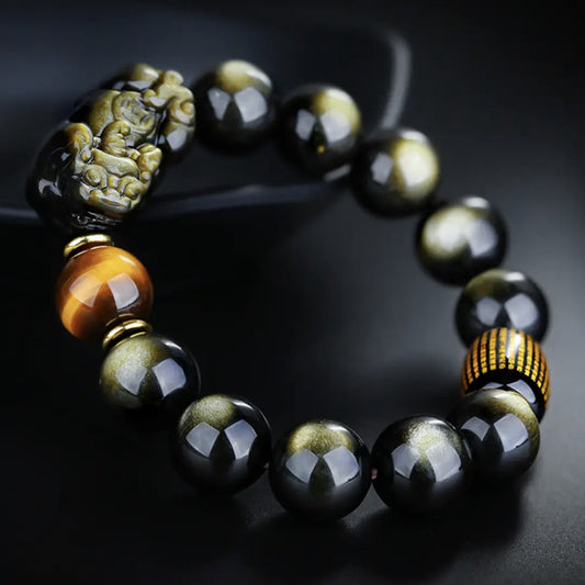 Aura Craft Gold Obsidian Pixiu Rune Blessing Fortune Bracelet 1