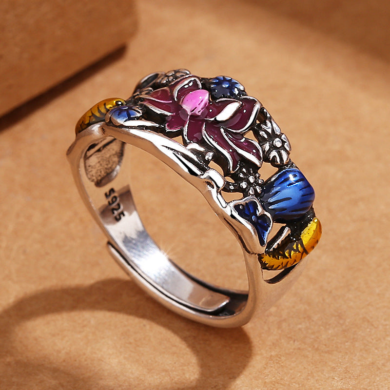 Aura Craft Feng Shui Enamel Blue Hollow Lotus and Carp Blessing Lucky Ring 3