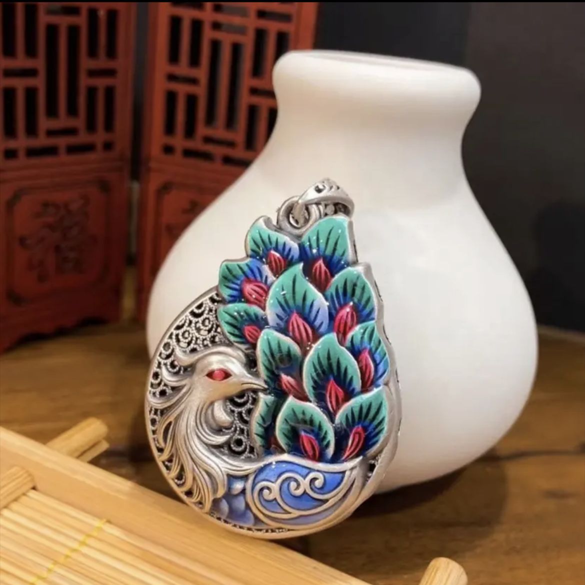 Aura Craft Blue Peacock Droplet Hollow Enamel Blessing Lucky Pendant 3