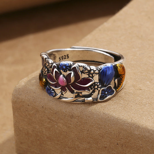 Aura Craft Feng Shui Enamel Blue Hollow Lotus and Carp Blessing Lucky Ring 1