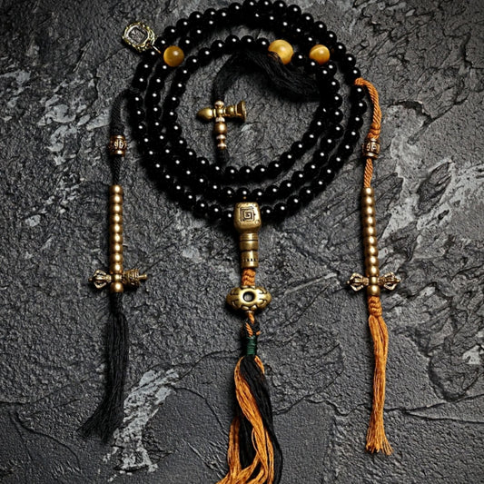 Aura Craft Tibetan Buddhist Natural Black Agate 108-Bead Rosary for Meditation, Health, and Blessing 1