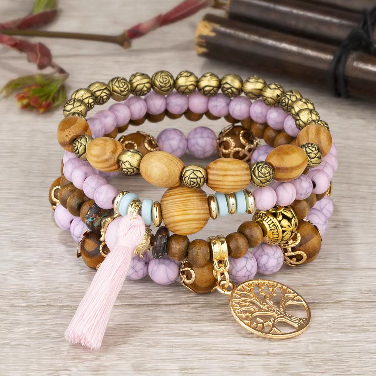 Aura Craft Multi-layered Wooden Beaded Meditation Yoga Bracelet 4