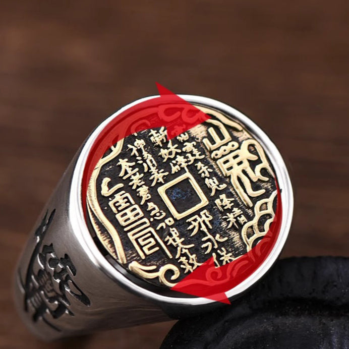 Aura craft silver rotating rune coin feng shui protection ring 4
