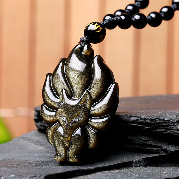 Aura Craft Natural Gold Obsidian Healing Blessing and Evil-Repelling Fox Pendant 3