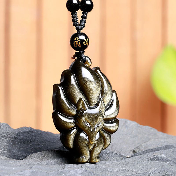 Aura Craft Natural Gold Obsidian Healing Blessing and Evil-Repelling Fox Pendant 5