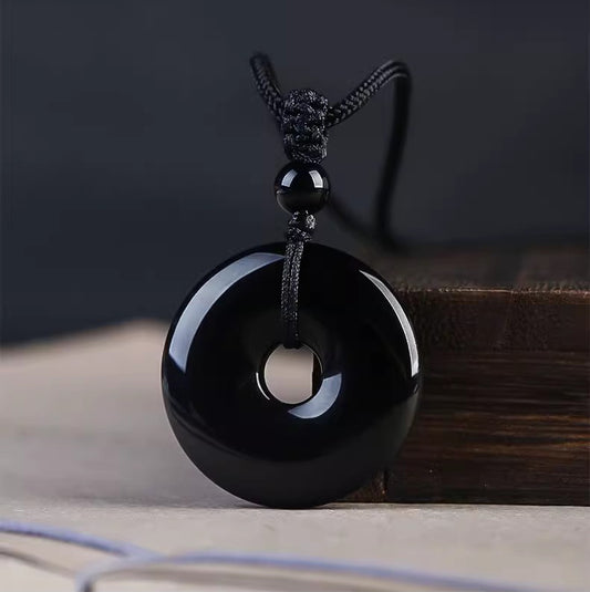 Aura Craft Natural Obsidian Six-Word Mantra Blessing Necklace 1