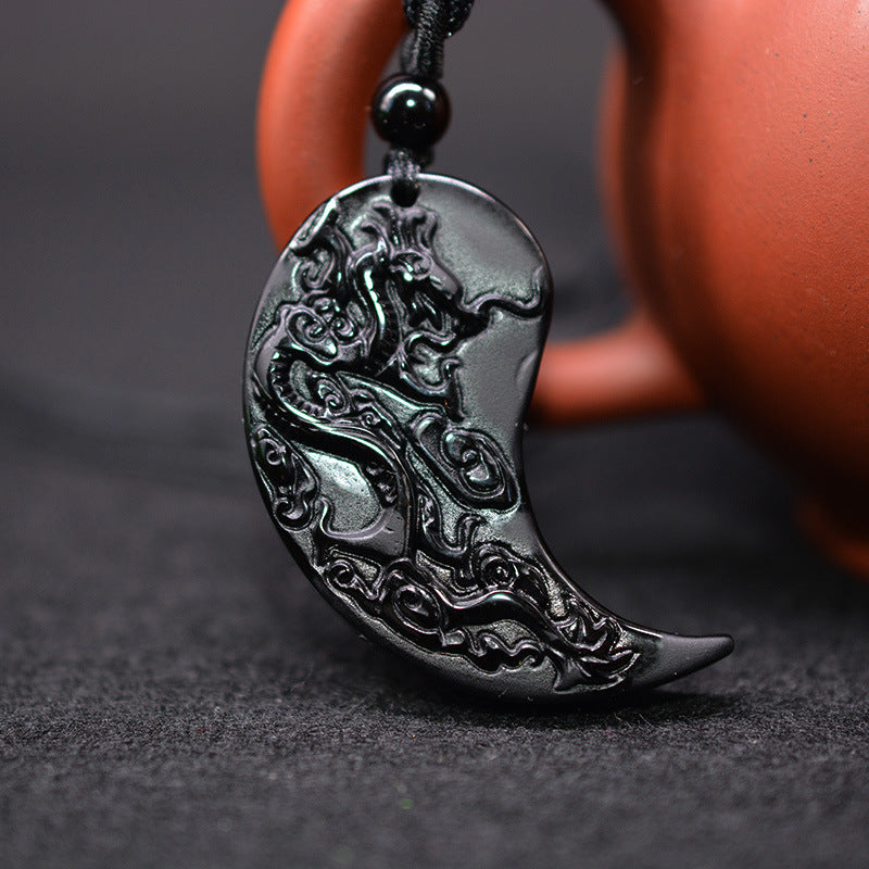 Aura Craft Natural Obsidian Yin Yang Tai Chi Dragon and Phoenix Couple Pendant 3