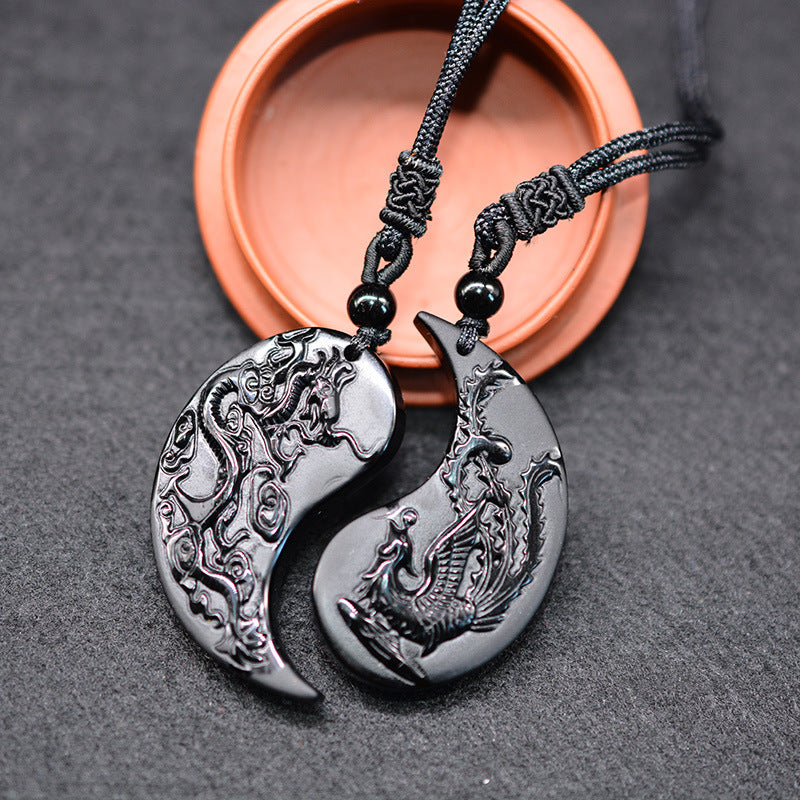 Aura Craft Natural Obsidian Yin Yang Tai Chi Dragon and Phoenix Couple Pendant 5