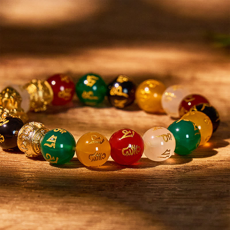 Aura Craft Multi-Color Agate Pixiu Six-Character Mantra Bead Fortune Bracelet 6