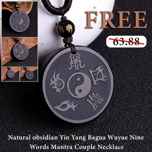 FREE Today：Natural obsidian Yin Yang Bagua Wuyue Nine Words Mantra Couple Necklace