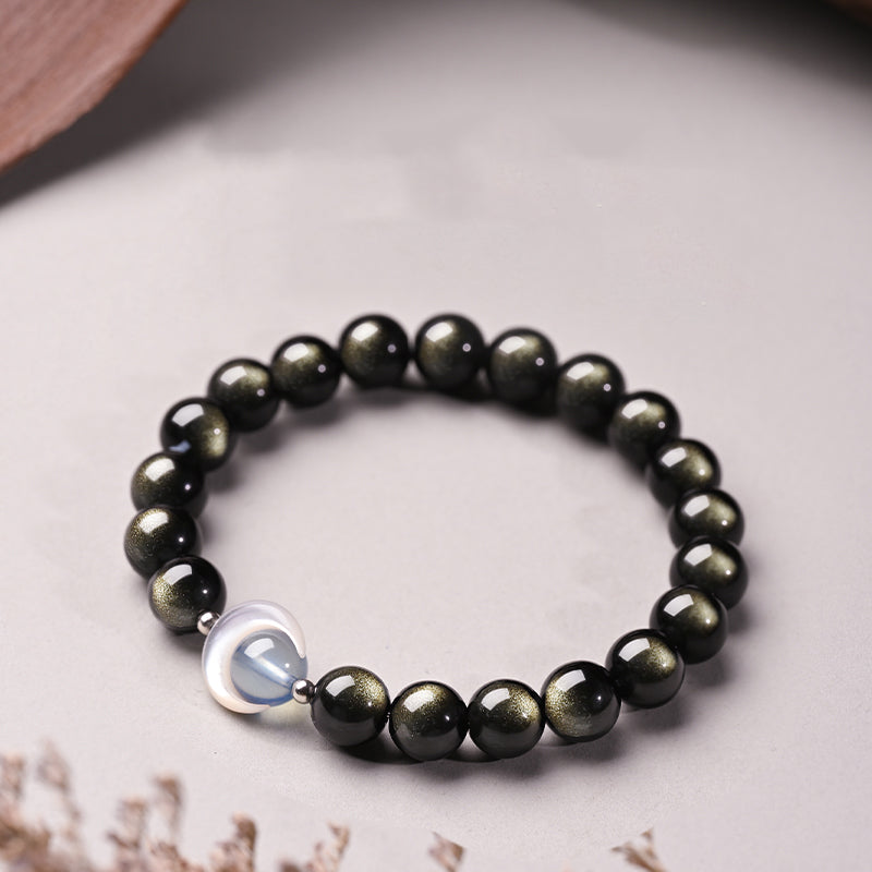 Aura Craft Natural Obsidian Moonstone Meditation Lucky Bracelet 